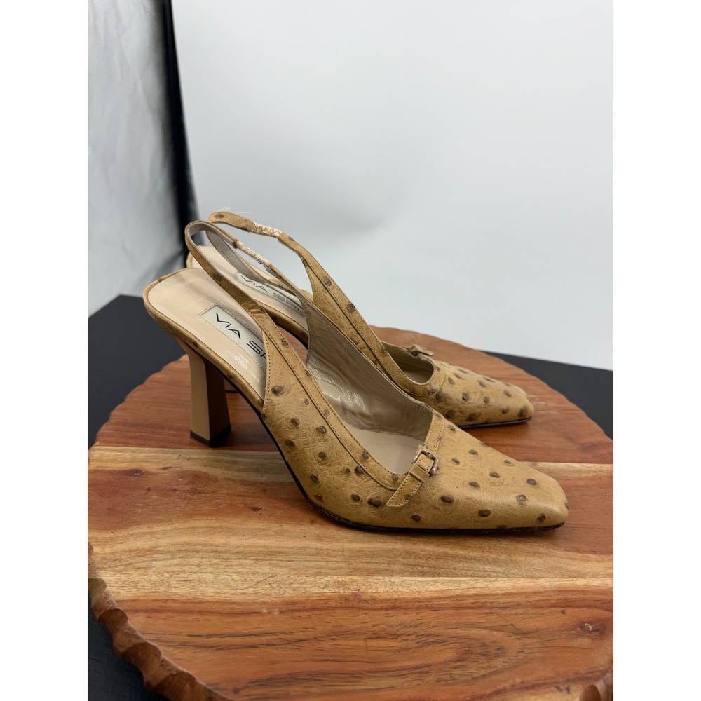 Via Spiga Ostrich Embossed Slingback Pumps Women 8 Tan Pointed Toe Flared Heel